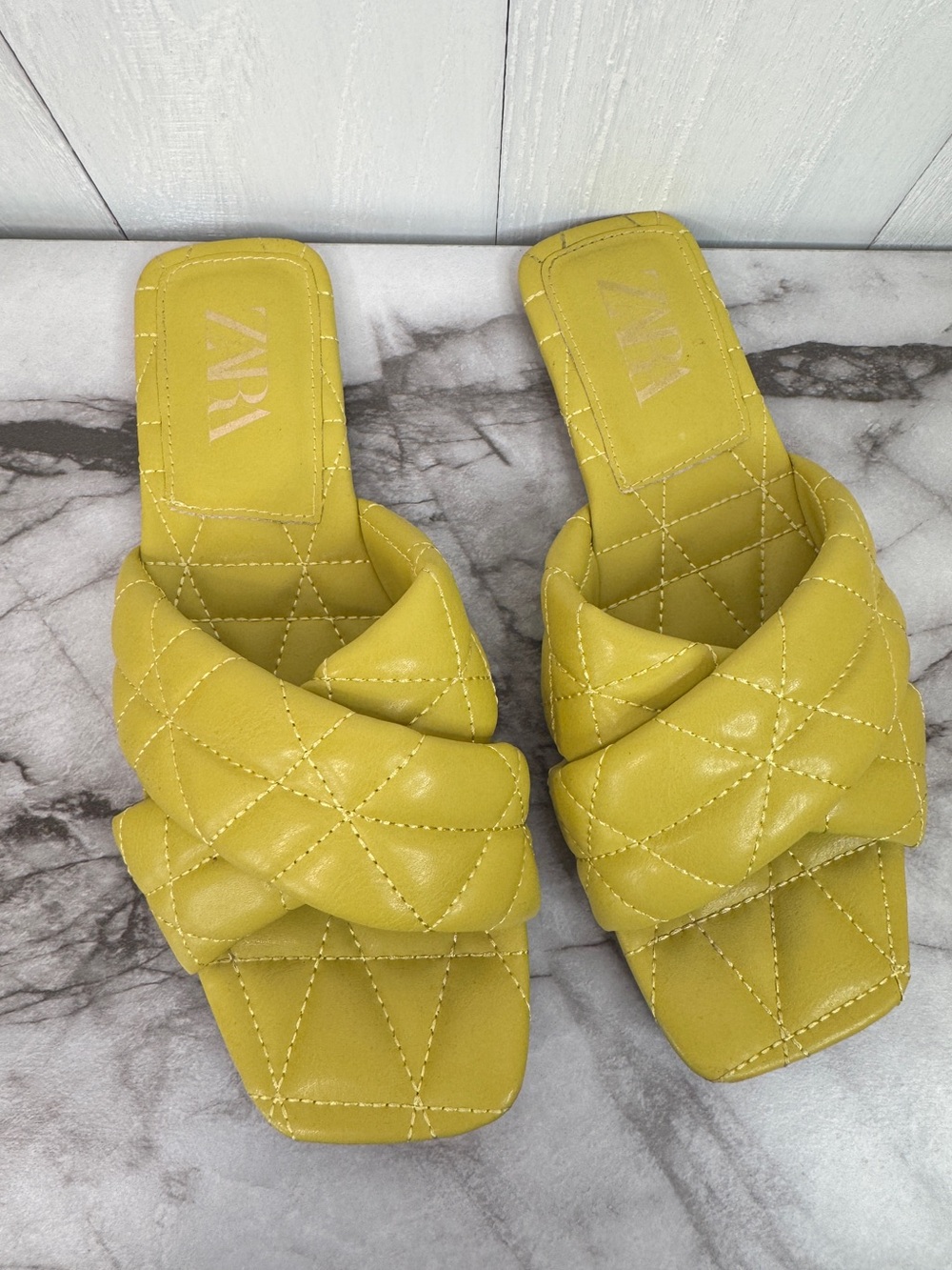 Zara Yellow Quilted Sandals with Puffy Crisscross Straps Square Toe Flat Slides